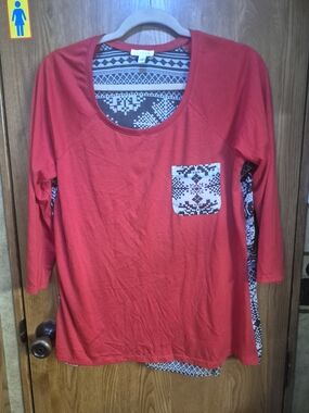 Charming Charlie Women's Red Scoop Neck Long Sleeve Top with Patterned Pocket.
